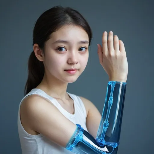 Prompt: A girl who has blue glass elbow joint