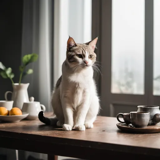 Prompt: A cat is sitting on a table in the morning