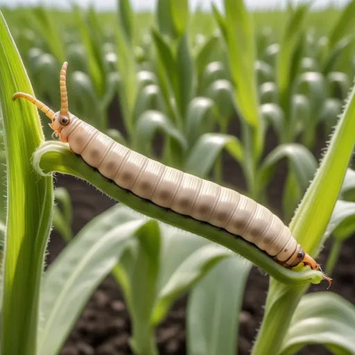 Prompt: A army worm moving down the gree young maize field, realistic, natural lighting