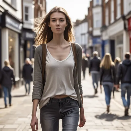 Prompt: Tall young woman walking down the high street, detailed clothing, realistic, natural lighting