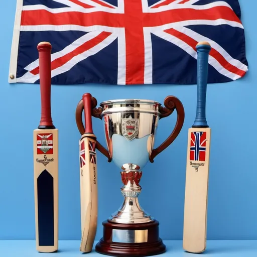 Prompt: Cup Match Bermuda, silver trophy, St. George's flag light blue and dark blue, Somerset flag red and blue, cricket bats