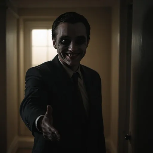 Prompt: A man in the shadows with a spooky smile, shaking hands