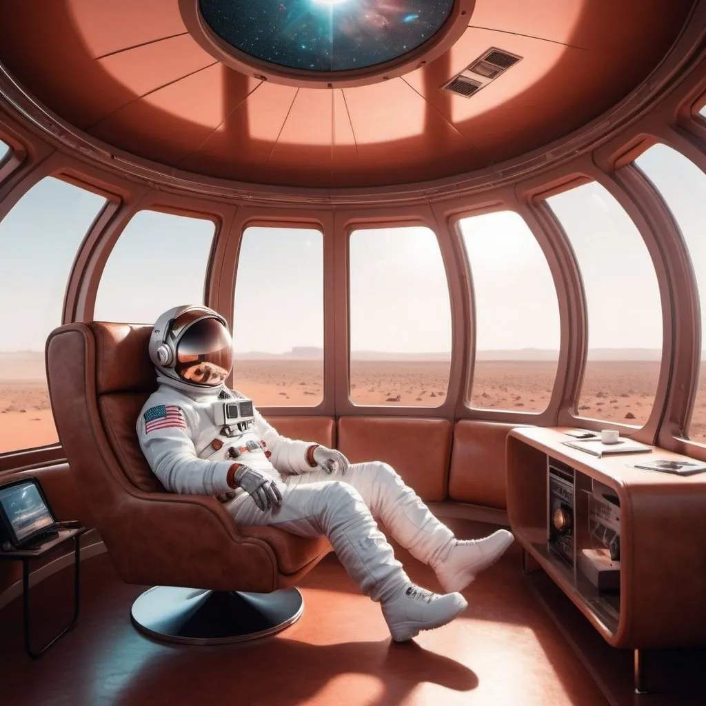 Prompt: An astronaut chilling in a coach in his circular transparent room in mars while watching a beautiful morning and listening to music in his vynil reader