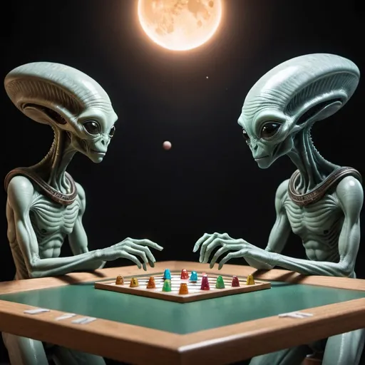 Prompt: Two aliens from different races playing marbels together 