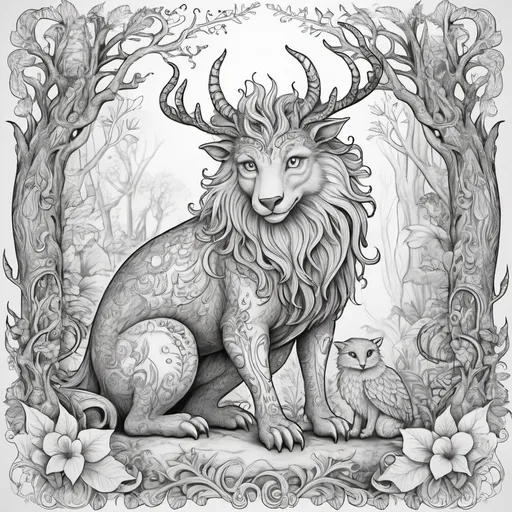 Prompt: childrens coloring book of mythical creatures black outline, white background