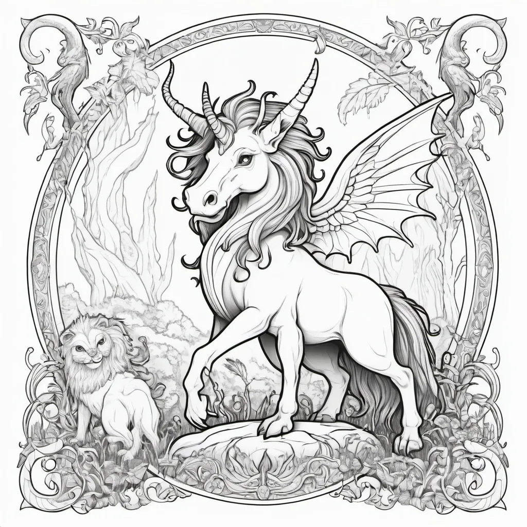 Prompt: childrens coloring book of mythical creatures black outline, white background