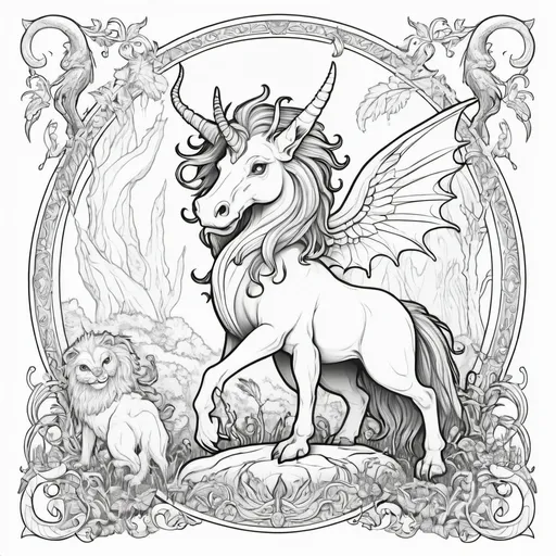 Prompt: childrens coloring book of mythical creatures black outline, white background