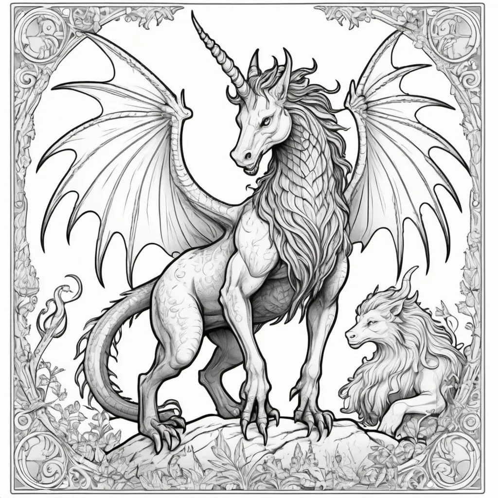 Prompt: childrens coloring book of mythical creatures black outline, white background