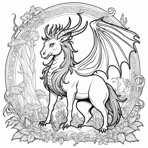 Prompt: childrens coloring book of mythical creatures black outline, white background