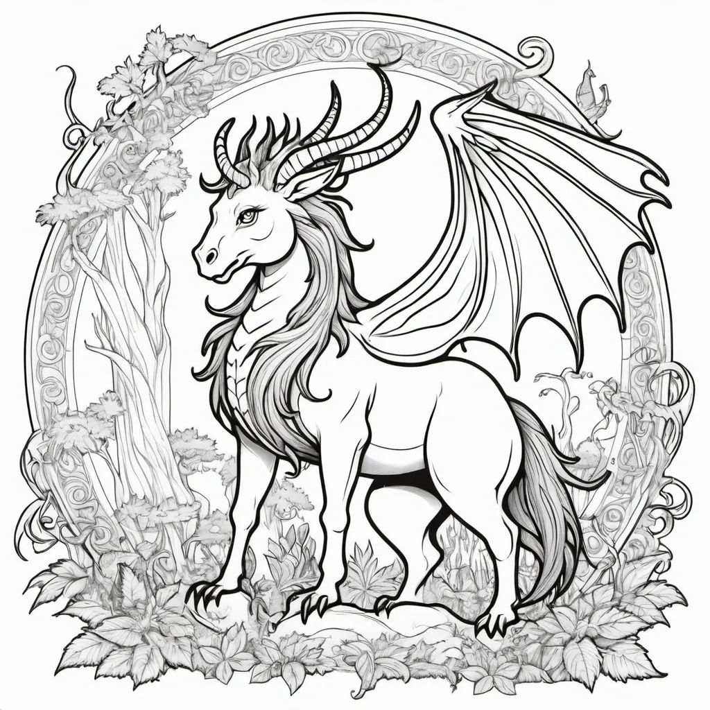 Prompt: childrens coloring book of mythical creatures black outline, white background