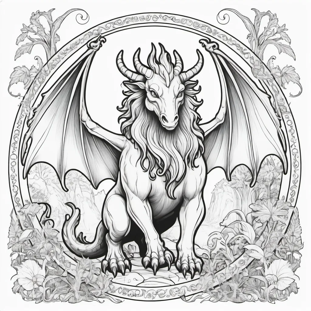 Prompt: childrens coloring book of mythical creatures black outline, white background