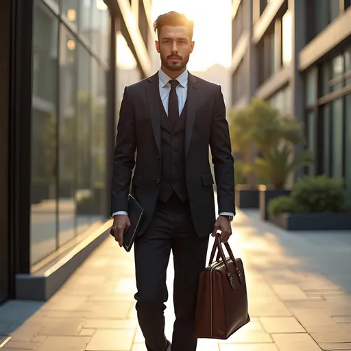 Prompt: stylish Pakistani real estate agent in a dark 3-piece designer suit, holding a leather office bag in one hand and a tablet in the other, walking through a modern commercial property site, glass buildings around, serious expression, confident body language, golden hour lighting, DSLR-level detail, cinematic depth, premium business vibe."

