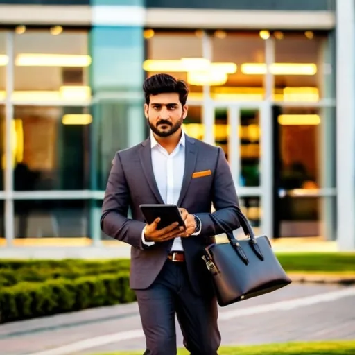 Prompt: “A stylish Pakistani real estate agent in a 3-piece charcoal suit, leather bag, holding a tablet, walking confidently near a modern commercial plaza with glass towers, DSLR-quality, cinematic lighting, golden hour, corporate model style.”
