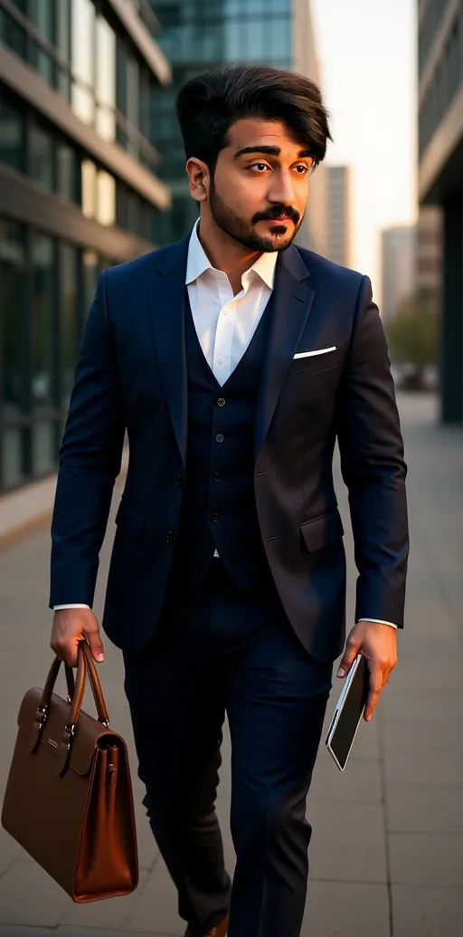 Prompt: stylish Pakistani real estate agent in a dark 3-piece designer suit, holding a leather office bag in one hand and a tablet in the other, walking through a modern commercial property site, glass buildings around, serious expression, confident body language, golden hour lighting, DSLR-level detail, cinematic depth, premium business vibe."
