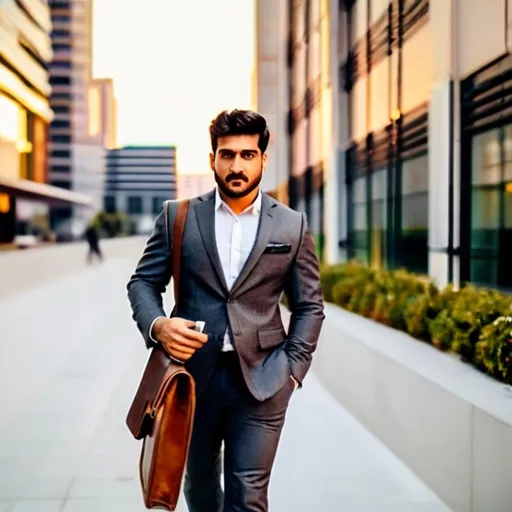 Prompt: “A stylish Pakistani real estate agent in a 3-piece charcoal suit, leather bag, holding a tablet, walking confidently near a modern commercial plaza with glass towers, DSLR-quality, cinematic lighting, golden hour, corporate model style.”
