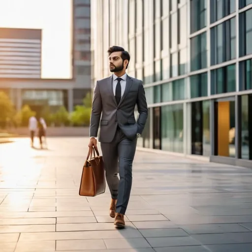 Prompt: “A stylish Pakistani real estate agent in a 3-piece charcoal suit, leather bag, holding a tablet, walking confidently near a modern commercial plaza with glass towers, DSLR-quality, cinematic lighting, golden hour, corporate model style.”
