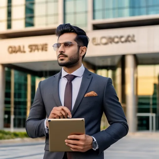 Prompt: “A stylish Pakistani real estate agent in a 3-piece charcoal suit, leather bag, holding a tablet, walking confidently near a modern commercial plaza with glass towers, DSLR-quality, cinematic lighting, golden hour, corporate model style.”
