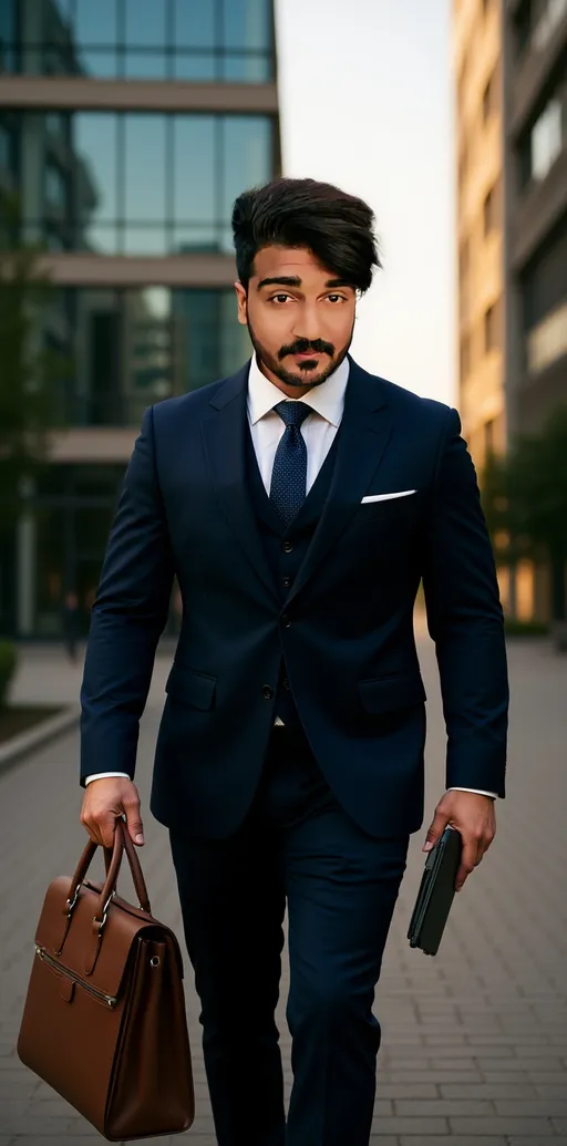 Prompt: stylish Pakistani real estate agent in a dark 3-piece designer suit, holding a leather office bag in one hand and a tablet in the other, walking through a modern commercial property site, glass buildings around, serious expression, confident body language, golden hour lighting, DSLR-level detail, cinematic depth, premium business vibe."
