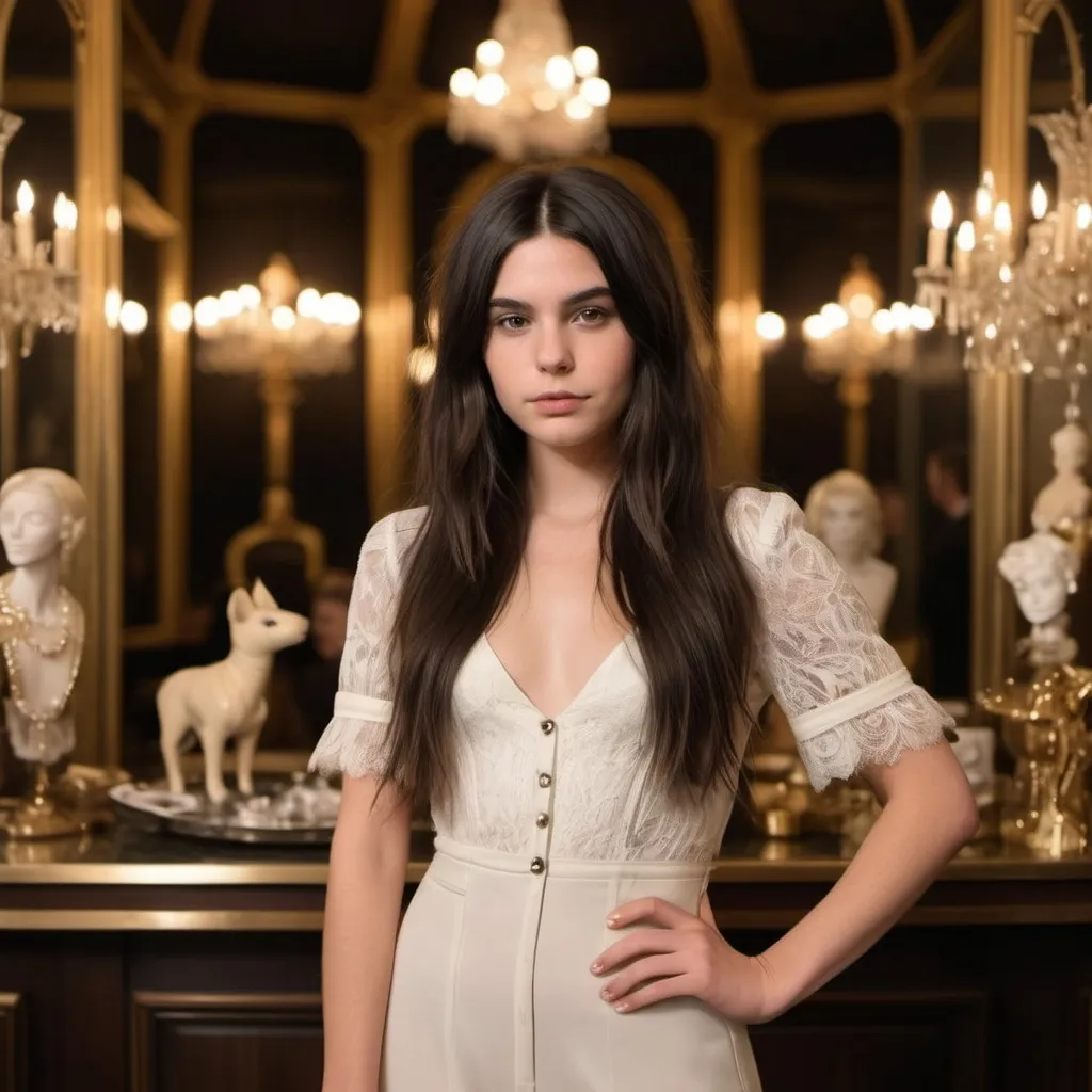 Prompt: Create an image of Chloé, a 21-year-old performance artist from Paris. She has long, dark hair, a confident and alluring expression, and is dressed in a stylish, artistic outfit. The scene should reflect her artistic nature, possibly with elements like paintbrushes, canvases, or stage props in the background. Include subtle Parisian touches such as an Eiffel Tower trinket or French-inspired accessories. The overall atmosphere should be sophisticated and artistic, capturing Chloé's creative and elegant persona.