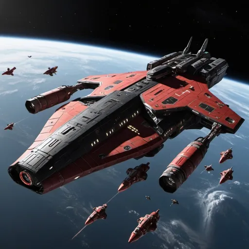 Prompt: A very large space ship in space, with many smaller cargo space ships flying around it. The very large trading space ship has "RTS Shareholder" english. the ship is black and red and has many defensive weapons.