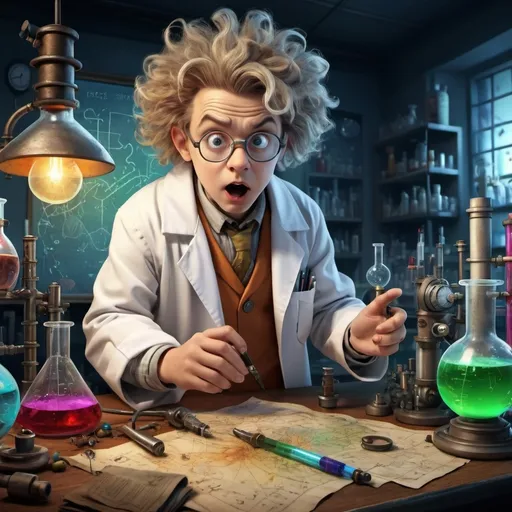 Prompt: (crazy scientist), inquisitive expression, wild hair, lab coat, cluttered laboratory, dimly lit, various scientific apparatus, pupils peering eagerly in the background, treasure map spread across the table, detailed illustration, adventurous atmosphere, (4K) ultra-detailed, vibrantly colored.