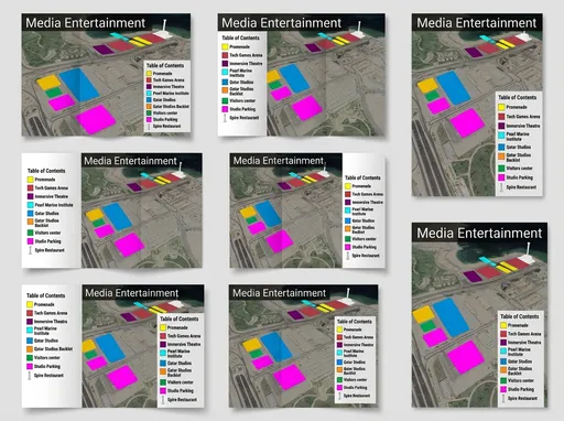 Prompt: Create multiple designs of brochure image with tittle "Media Entertainment" with  table of content on the side that lists out each color represented. 
Yellow is "Promenade".
Red is "Tech Games Arena"
Purple is "Immersive Theatre"
Light blue is "Pearl Marine Institute"
Blue is "Qatar Studios"
Orange is "Qatar Studios Backlot"
Green is "Visitors center"
Pink is "Studio Parking"
White is " Spire Restaurant"
Do not change original image.
