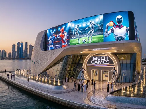 Prompt: Create a extremely wide shot of entire 2 story building. Use @image02, @image03, @image04 as inspiration for 2 story building design. Front of building should have fountains and tiling the looks silver in tone. Building should be a combination Qatar architecture and  futuristic 2 story building.  on location @image01, Building should have large facade with LED screen illuminating entrance with banners of robots boxing, robots playing soccer, robots holding up a gold medal.  Entrance consists of a overhang with 2 Main doors below it. Doors are inside  circular entrance to enter building has a sign in lights "MECH GAMES" that reads over entrance. This Building is on the coastline of the harbor in Doja, Qatar. Visitors out front and are greeted sports robots.  There are 2  human size athletic robots on either side of entrance  welcoming visitors in. Biped robots should look like a cross between tesla and Boston dynamic robots combined.  Time of day should be dusk. No reference images @image02, @image03, @image04, should be in shot. Background should be from @image01.