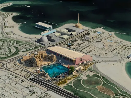 Prompt: Add studio backlot of water tank and building construction to green area of arial image. Match perspective and scale of image. Do not change any other buildings.