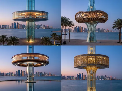 Prompt: Create multiple and very different ideas for circular restaurant with glass spire concept. Create Circle restaurant beachside on the harbor of Doja, Qatar. The entire restaurant should look like it can lift and lower slowly like a traditional elevator. The restaurant slides  up  and down spire. Inside spire we should see an additional elevator that can go up and down looking out through glass framing. Restaurant should have beautiful view of Qatar at dusk. 