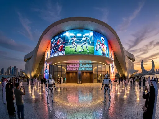 Prompt: Create a extremely wide shot of entire 2 story building. Use @image02, @image03, @image04 as inspiration for 2 story building design. Front of building should have fountains and tiling the looks silver in tone. Building should be a combination Qatar architecture and  futuristic 2 story building.  on location @image01, Building should have large facade with LED screen illuminating entrance with banners of robots boxing, robots playing soccer, robots holding up a gold medal.  Entrance consists of a overhang with 2 Main doors below it. Doors are inside  circular entrance to enter building has a sign in lights "MECH GAMES" that reads over entrance. This Building is on the coastline of the harbor in Doja, Qatar. Visitors out front and are greeted sports robots.  There are 2  human size athletic robots on either side of entrance  welcoming visitors in. Biped robots should look like a cross between tesla and Boston dynamic robots combined.  Time of day should be dusk.