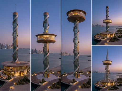 Prompt: Create multiple and very different ideas for this concept. Circle restaurant beachside on the harbor of Doja, Qatar. The restaurant should look like it can elevated  up spire sliding up a rail system. Restaurant should have beautiful view of Qatar at dusk. Mostly glass Spire should accommodate an elevator inside of it that can ride up and down. 
