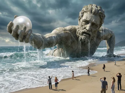 Prompt: Create a incredibly giant statue of a man made of stone. He is the scale of a Godzilla and his body pose is laying on his stomach half in ocean water and half out. His pose is that he is climbing out of the ocean onto the beach and holding a giant pearl in his right hand. Pearl should be size of softball in hand.  It should look like he is on his last breath and and about to hand pearl to someone. Add foreground people on beach to show scale of statue like pacific rim image. Should feel cinematic. 