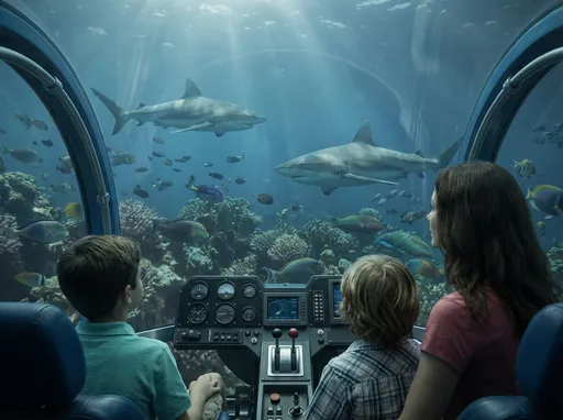 Prompt: Create a photorealistic. medium wide shot of from inside submarine looking out. Camera should be a 21mm anamorphic lens over the kids shoulders seeing over submarine control panel and outside window into ocean.  2 sharks swim by  in distance outside the glass bubble. Family watches them swim by.  Ocean should feel tropical and full of fish in distance.  Muted colors. Cinematic. 
