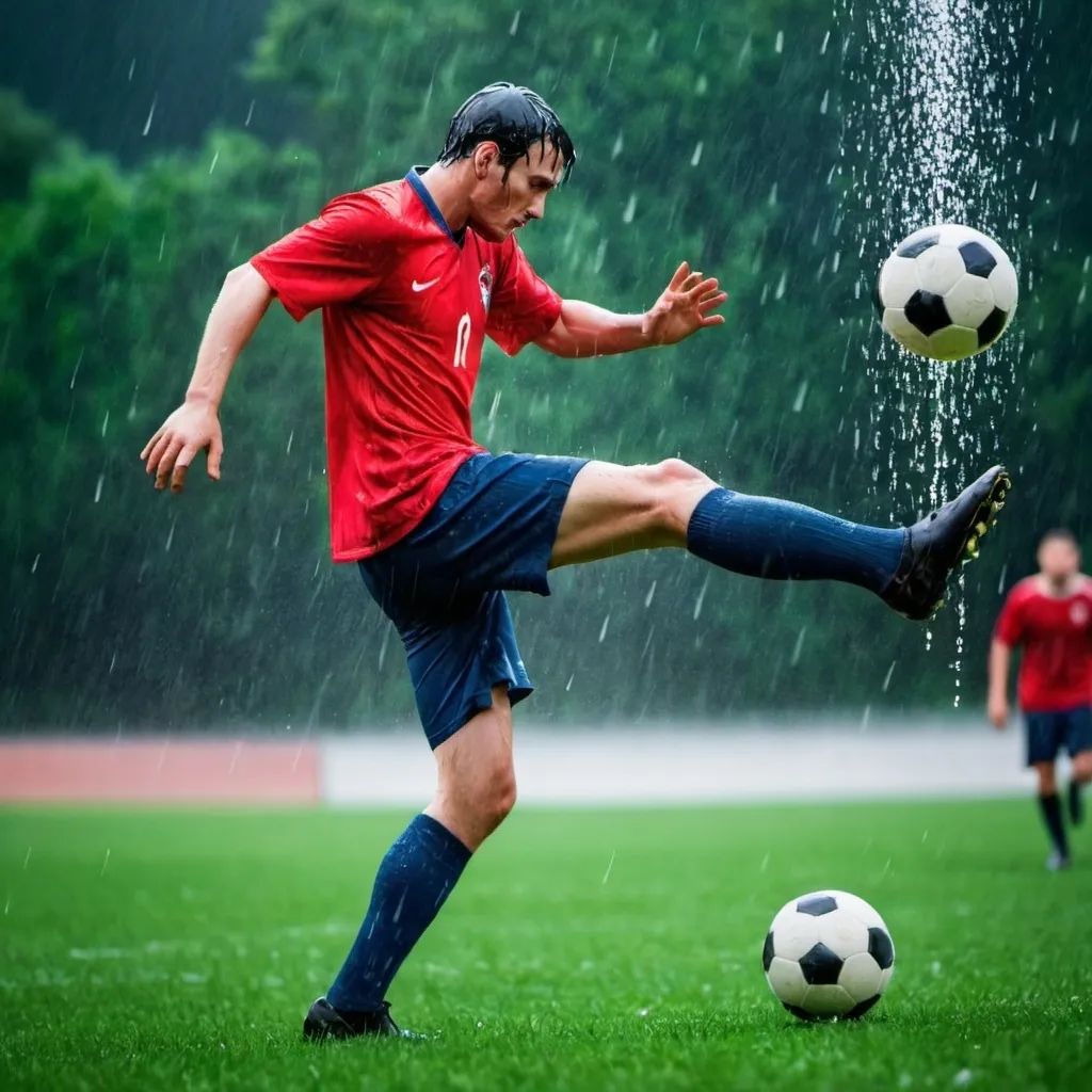 Prompt: football player with rain on his feet while shooting the ball