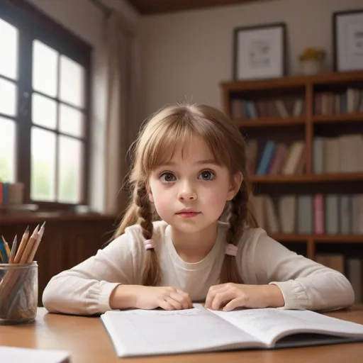 Prompt: I want to create an image of a cute little girl with round, small eyes, hazel hair, sitting studying at a desk. Her face is looking forward, and behind her is the scene of a room. 1.920 x 1.080