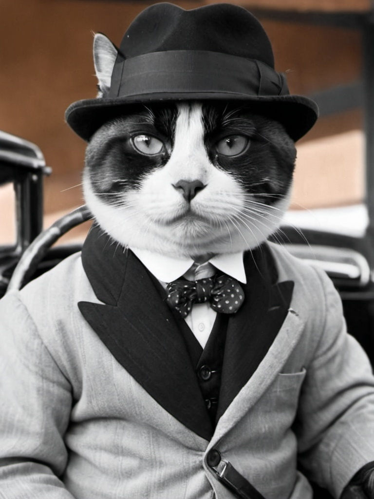 Prompt: Ziehe der Katze Kleidung im Stil von al capone an. Zeige im Hintergrund einen Oldtimer aus dem Jahr 1930. Altere das Foto dann und mache es schwarz/weiß, so das es nach 1930 aussieht.