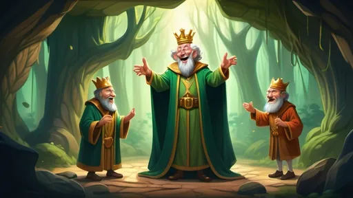 Prompt: On the one hand, in a cave in a green forest, the king is accompanied by his gatekeepers, an old magician is standing in front of them shouting, while on the other side, in the king's court, the king is very happy and is giving a reward to a poor man.