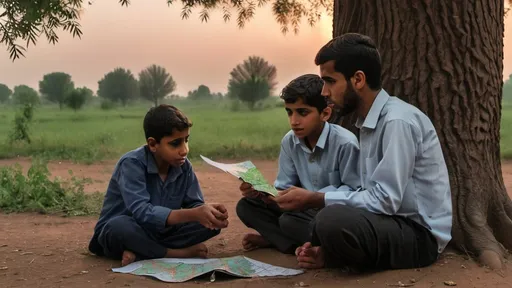 Prompt: Ali, Hassan, and Zainab sitting together under the same old tree at dusk, discussing their plan. Ali is holding a small map, Hassan is pointing toward the forest, and Zainab is looking at both with a thoughtful expression. The tree’s leaves sway gently in the evening breeze."