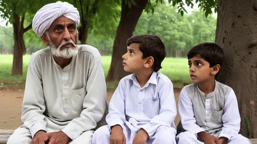 Prompt: A wise old man, Hakeem Shah, sitting on a wooden bench under a tree, wearing a simple white shalwar kameez and a turban. Three children – Ali, Hassan, and Zainab – sit around him, listening with wide eyes. Hakeem Shah is pointing toward the distant forest, his expression full of mystery."