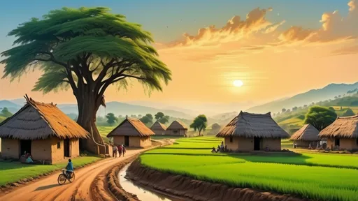 Prompt: "A lush green valley with a peaceful village nestled between hills. Small mud houses with straw roofs, villagers working in the fields, and children playing in the dirt roads. In the center, a large old tree with villagers sitting beneath it, talking. The sky is clear blue with a golden sunset."