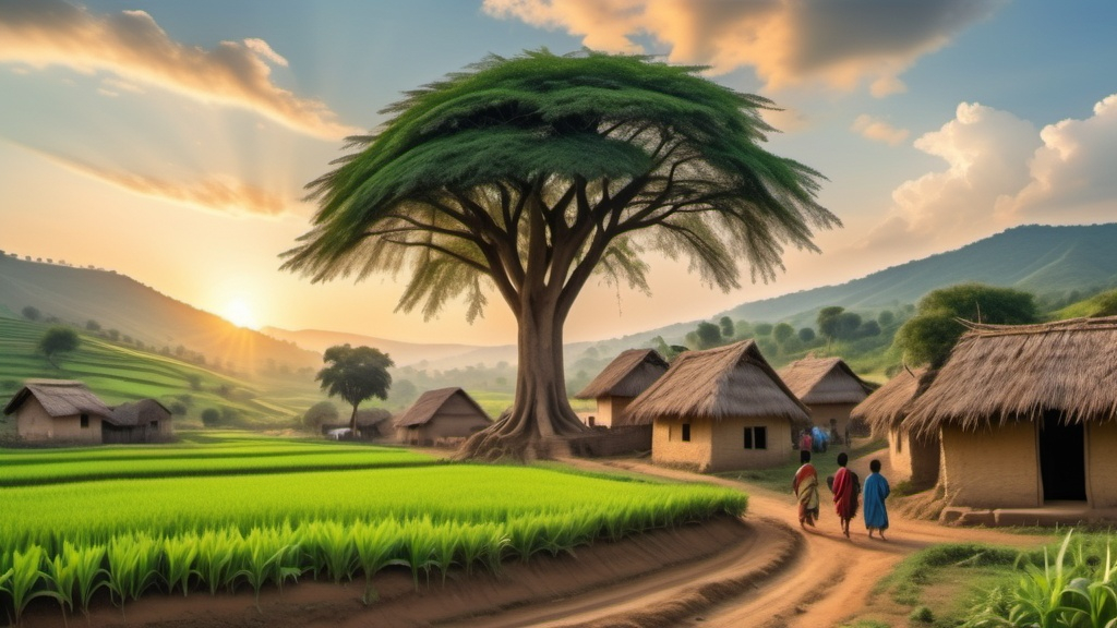 Prompt: "A lush green valley with a peaceful village nestled between hills. Small mud houses with straw roofs, villagers working in the fields, and children playing in the dirt roads. In the center, a large old tree with villagers sitting beneath it, talking. The sky is clear blue with a golden sunset."