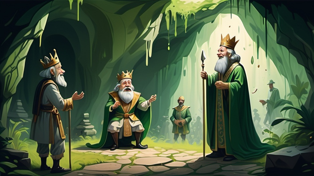 Prompt: Create an image On one side, in a lush green beautiful cave in a green forest, the king is standing with his guards, an old magician standing in front of them shouting from pain, while on the other side, in the same picture, the king is very happy in the court of the king and is giving a reward to a very poor old blind man.