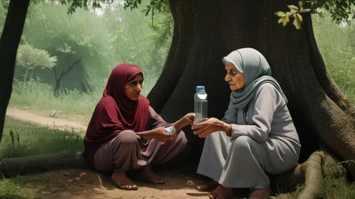 Prompt: A frail old woman sitting under a tree, looking weak and tired. Ali is offering her water from a flask, while Hassan and Zainab are handing her some food. The forest around them is thick with tall trees, bushes, and a narrow path leading deeper into the woods."