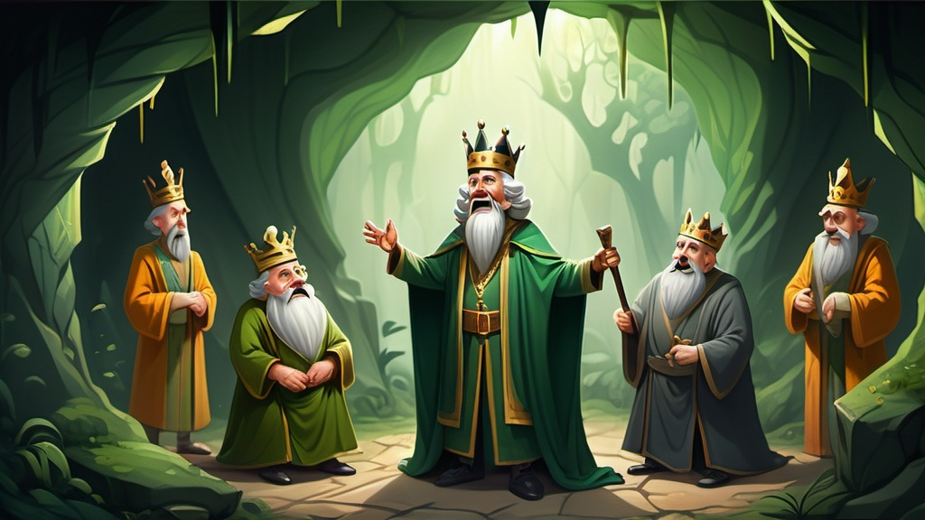 Prompt: Create an image On one side, in a lush green beautiful cave in a green forest, the king is standing with his guards, an old magician standing in front of them shouting from pain, while on the other side, in the same picture, the king is very happy in the court of the king and is giving a reward to a very poor old blind man.