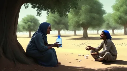 Prompt: A frail old woman sitting under a tree, looking weak and tired. Ali is offering her water from a flask, while Hassan and Zainab are handing her some food. The forest around them is thick with tall trees, bushes, and a narrow path leading deeper into the woods."