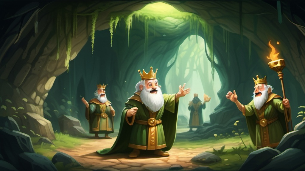 Prompt: On the one hand, in a cave in a green forest, the king is accompanied by his gatekeepers, an old magician is standing in front of them shouting, while on the other side, in the king's court, the king is very happy and is giving a reward to a poor man.