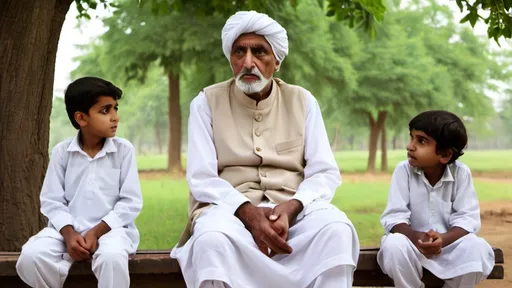 Prompt: A wise old man, Hakeem Shah, sitting on a wooden bench under a tree, wearing a simple white shalwar kameez and a turban. Three children – Ali, Hassan, and Zainab – sit around him, listening with wide eyes. Hakeem Shah is pointing toward the distant forest, his expression full of mystery."