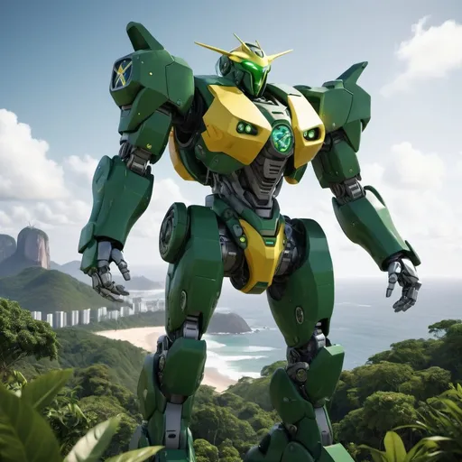 Prompt: Brazil as a mecha, in an environment reflecting the country, full-body, cinematic render