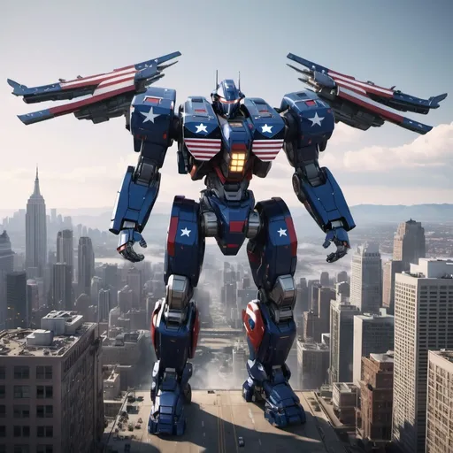 Prompt: The United States as a mecha flying over a city, full-body, cinematic render