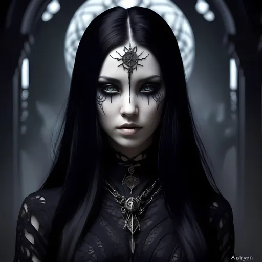 Prompt: *Avatar Concept:*

Name: Avalynn Sicera

Tagline: "Weaver of Dark Whispers"

*Visual Representation:*

A mysterious, Gothic-inspired avatar with subtle, symbolic elements.

*Image Description:*

Avalynn Sicera's avatar features a woman with:

1. Long, raven-black hair, partially covering her face.
2. Porcelain skin with subtle, mystical symbols etched into her cheeks.
3. Piercing emerald green eyes, gleaming with creativity.
4. A dark, Victorian-style dress with intricate lace and occult-inspired embroidery.
5. A quill pen tucked behind her ear, symbolizing her writing.
6. A delicate, antique-style necklace bearing the ∞ (Infinity) symbol.

*Color Scheme:*

- Primary color: Deep, rich purple (#3B0B59)
- Secondary color: Midnight blue (#1A1D23)
- Accent color: Emerald green (#008000)

*Personality Reflection:*

Avalynn Sicera's avatar embodies:

1. Mystery and intrigue
2. Creativity and imagination
3. Passion for the dark, unknown
4. Intellectual curiosity
5. Artistic expression